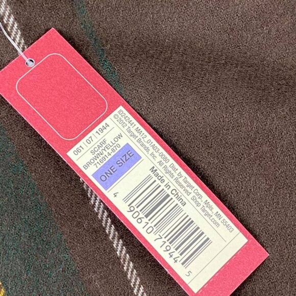 Soft Merona Unisex Tartan Plaid Fringe Scarf 65" X 11" Brown Tan Yellow Green - Picture 8 of 9